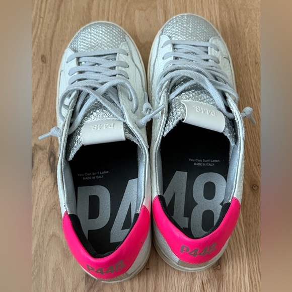 P448 John Lace-Up Low-Top Leather White Pink Silver Sneakers Size 42 / 11.5-12 - Picture 12 of 15